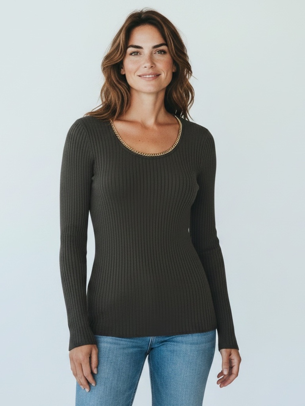 INC International Concepts Dark Olive Ribbed Scoop-Neck Top with Gold Chain